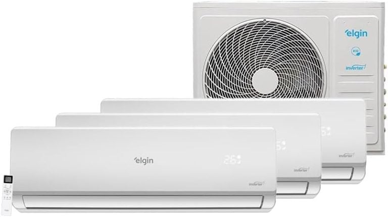 Ar condicionado Elgin Tri Split com três unidades internas Hi Wall Inverter e unidade externa, fundo branco.