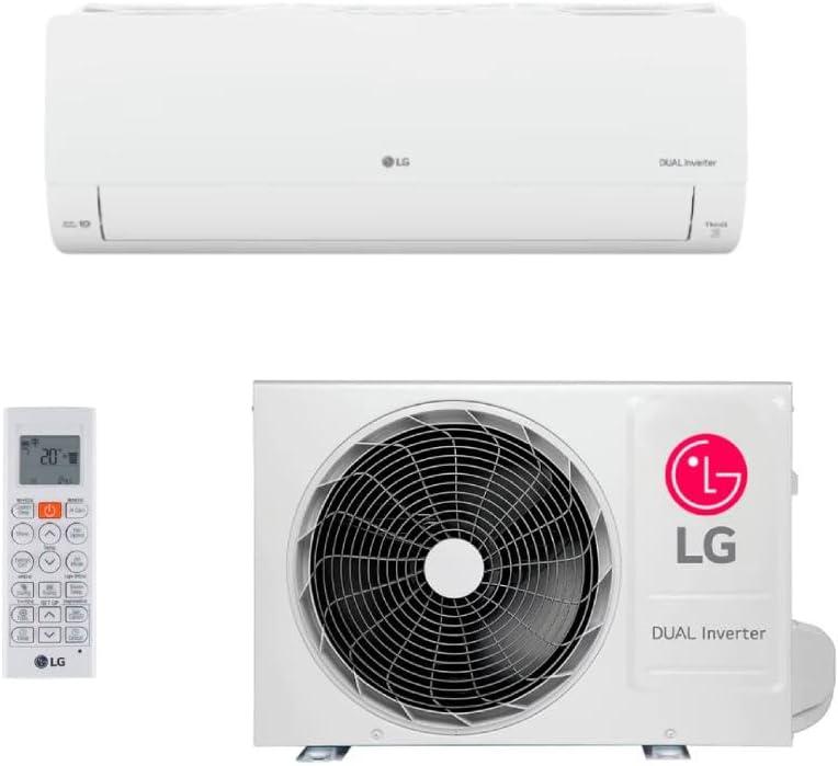 Ar condicionado LG Dual Inverter 18.000 BTUs com unidade interna, externa e controle remoto branco.