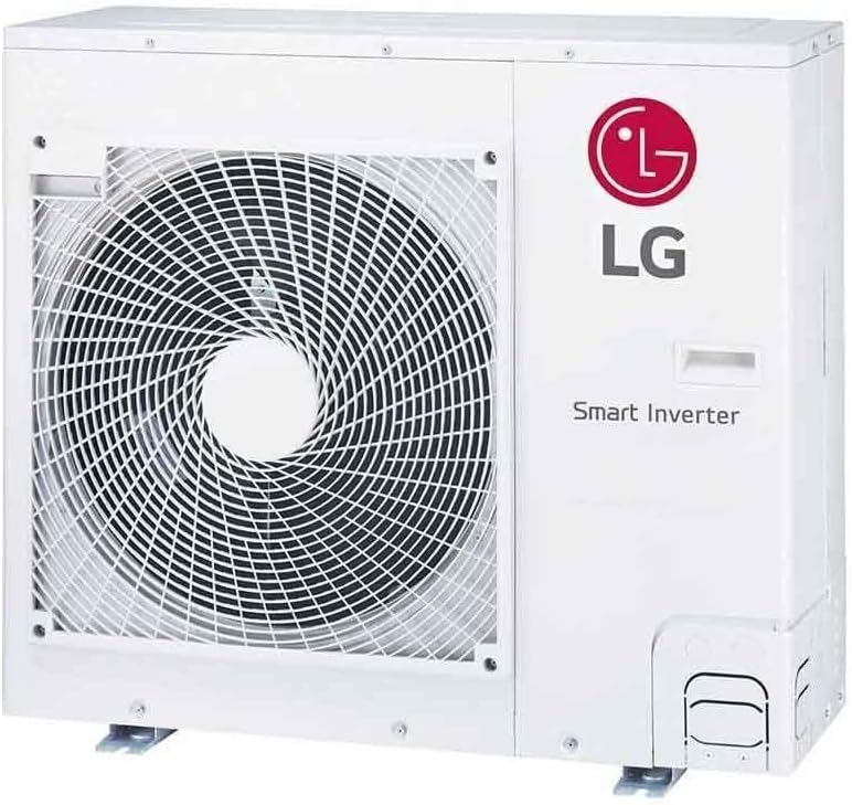 Unidade externa branca do ar condicionado inverter LG cassete 24000 BTUs com logo LG vermelho.