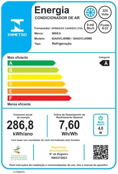 Etiqueta do Inmetro mostrando eficiência energética A para ar condicionado Midea 9 mil BTUs 220V com consumo e índice de desempenho.