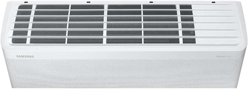Vista superior da unidade interna do ar-condicionado Samsung Split Inverter WindFree AI 12.000 BTUs branca.