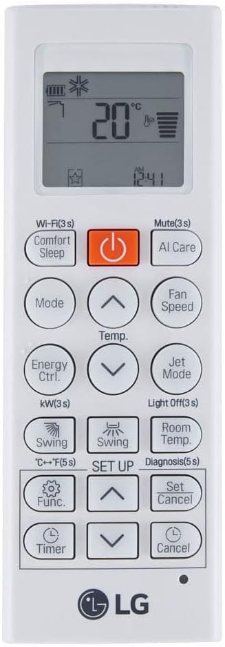 Controle remoto do ar condicionado LG com display digital e múltiplos botões de controle.