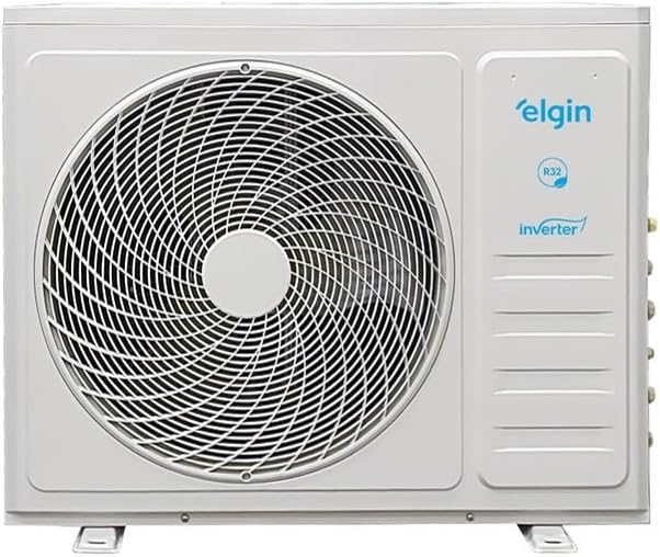 Unidade externa branca do ar condicionado Elgin Inverter com ventilação circular e logos visíveis.