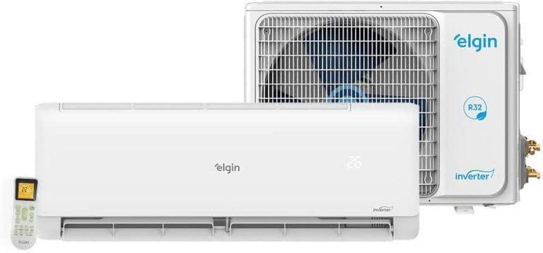 Ar Condicionado Split Hi Wall Elgin Eco Inverter II 9000 BTU/h com unidade interna, externa e controle remoto.