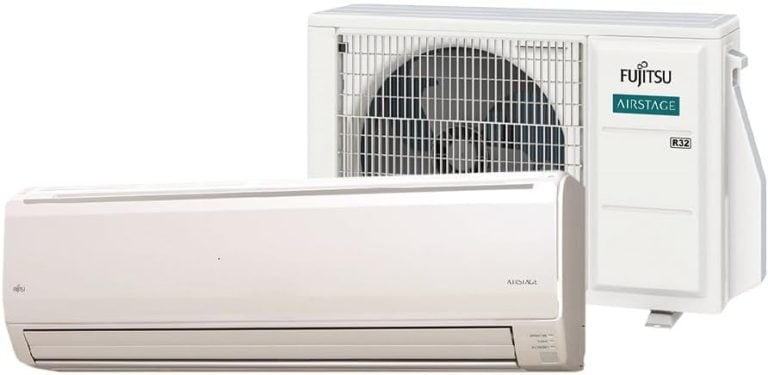 Ar condicionado Split Fujitsu Hi Wall Inverter 18000 BTU/h quente e frio com unidade interna e externa branca.
