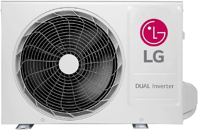 Unidade externa do ar condicionado LG Dual Inverter com ventilador e logo LG rosa