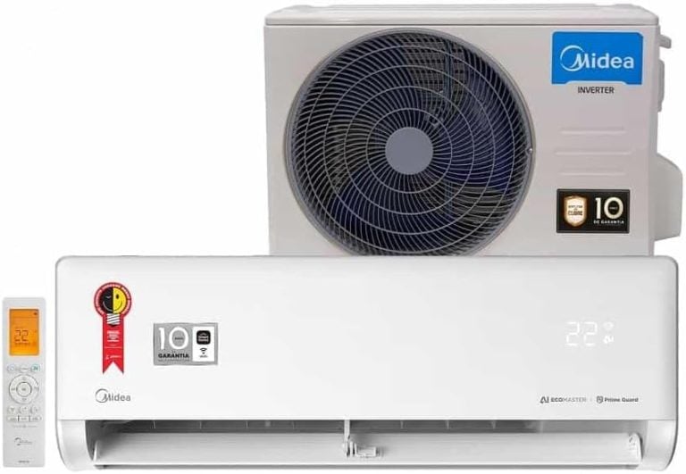 Ar Condicionado Split Hi Wall Midea 9000 Btus Inverter branco com controle remoto e unidade externa cinza