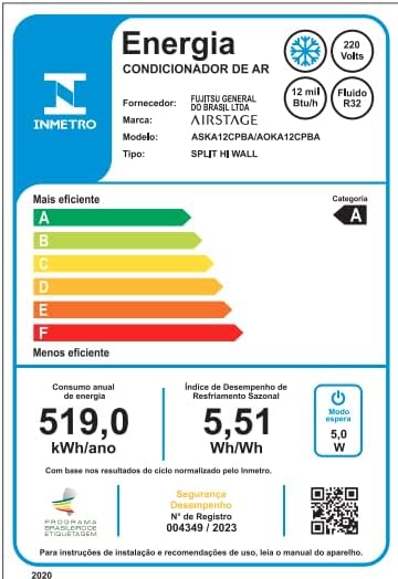 Etiqueta de eficiência energética do ar-condicionado Fujitsu Airstage 12.000 Btus com classificação A e consumo anual de 519 kWh.