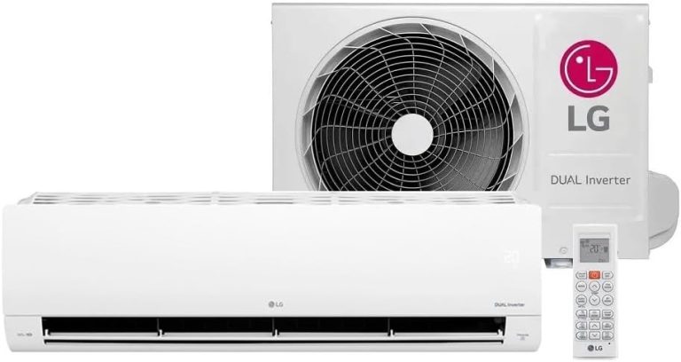 Ar Condicionado Split LG Dual Inverter com unidade interna e externa brancas, ventilador visível na unidade externa e logo LG.