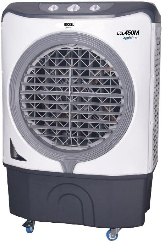 Climatizador de ar profissional EOS ECL450M 45L com rodízios, controle frontal e design robusto, cor branca com detalhes cinza.