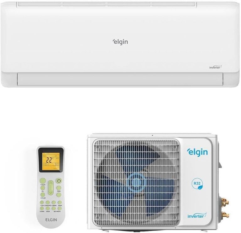 Ar Condicionado Split Elgin Eco Inverter II 30000 BTUs com unidade interna, unidade externa e controle remoto em fundo branco