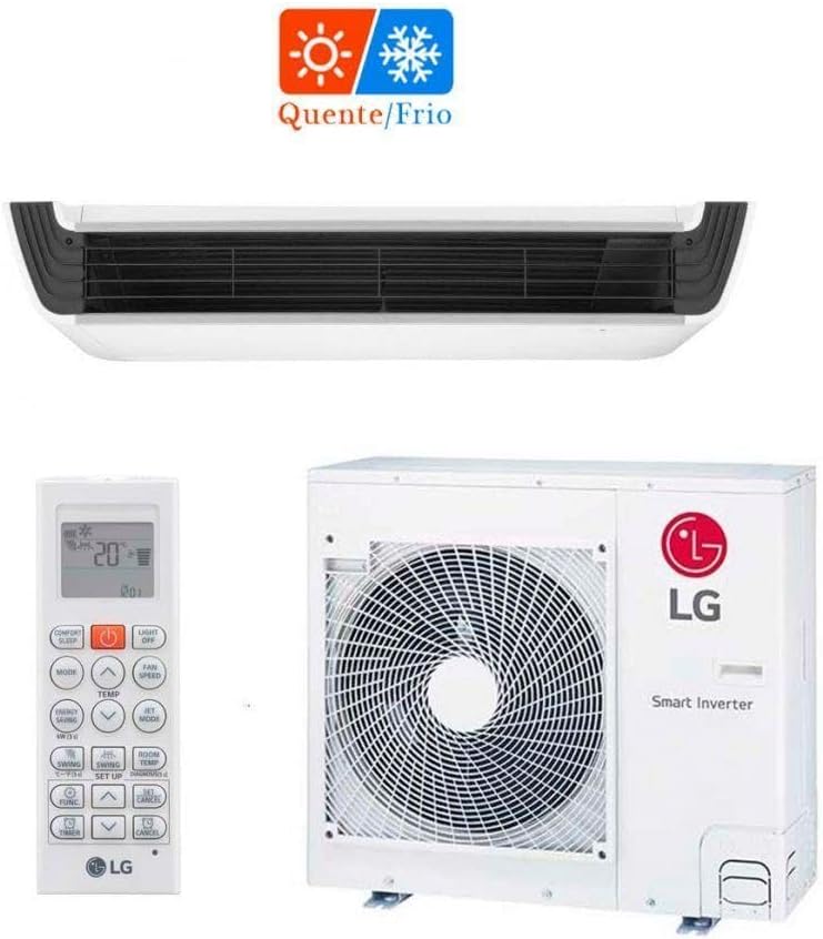 Ar condicionado split teto inverter LG 36000 BTUs quente/frio com controle remoto e unidades interna e externa.