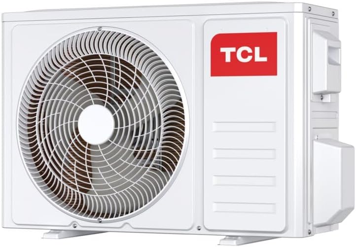 Unidade externa branca do ar-condicionado Split Inverter TCL 9000 Btus com ventoinha e logo TCL vermelho