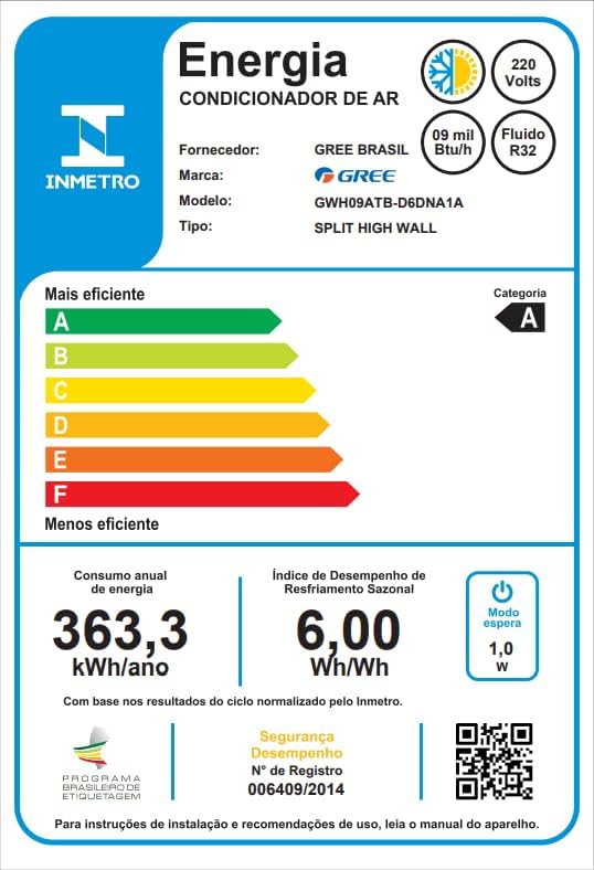 Etiqueta eficiência energética Inmetro ar-condicionado Gree modelo GWH09ATB-D6DNA1A categoria A com consumo anual 363,3 kWh e fluido R32.