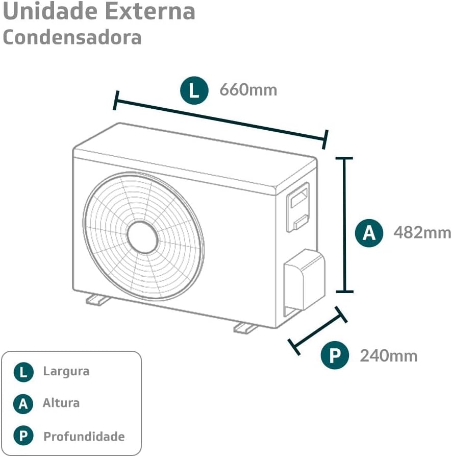 Dimensões da unidade externa condensadora do ar-condicionado Split Fujitsu Airstage: 660mm largura, 482mm altura, 240mm profundidade.