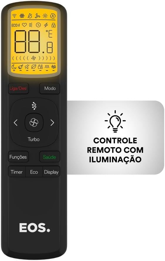 Controle remoto preto para ar-condicionado EOS com tela iluminada e funções variadas.