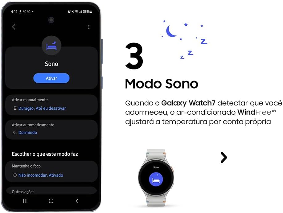 Configuração do modo sono ativado automaticamente pelo Galaxy Watch7 para ar condicionado Samsung WindFree