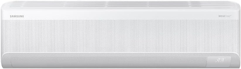 Painel frontal do ar condicionado Samsung Split Hi Wall branco com tecnologia WindFree visível.
