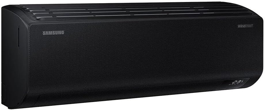 Ar-condicionado Samsung Windfree Black 18000 Btus vista lateral direita com painel preto e display digital.