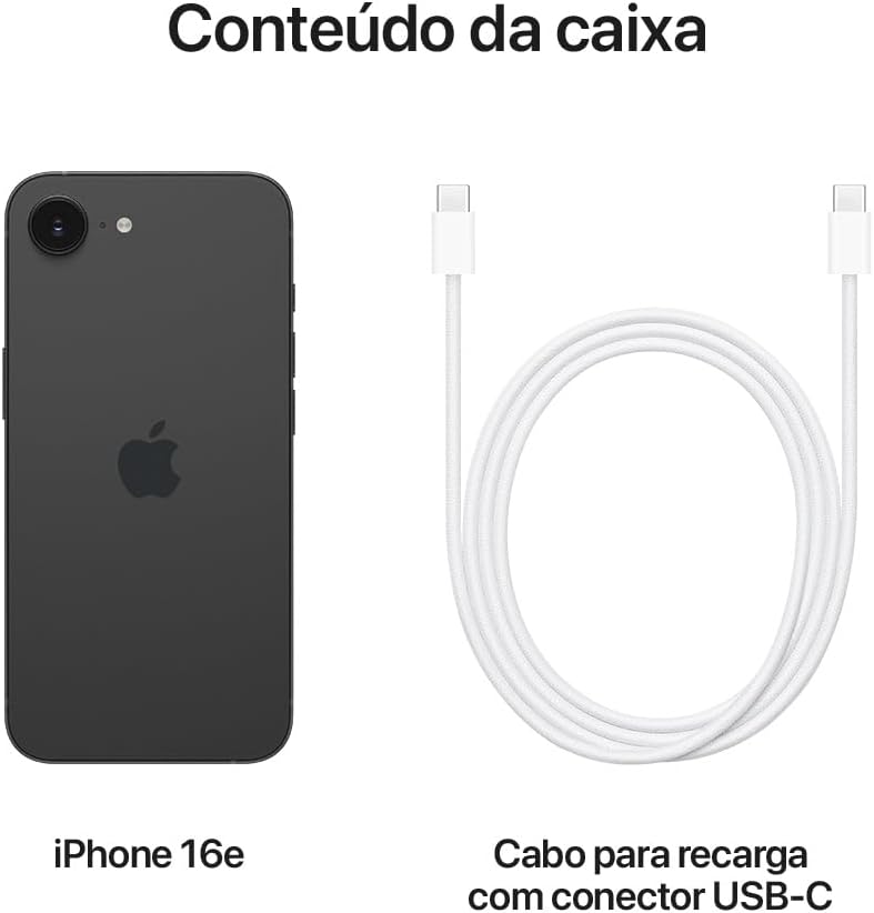 Conteúdo da caixa do Apple iPhone 16e preto com cabo USB-C para recarga