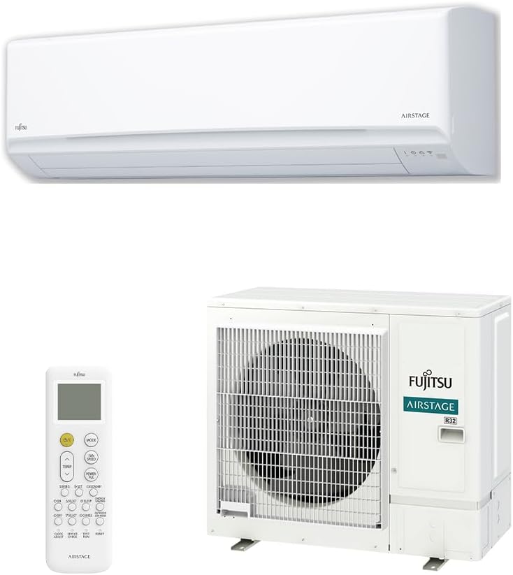 Ar Condicionado Split Hi Wall Fujitsu Inverter Airstage Premium 18000 Btus com unidades interna e externa e controle remoto.