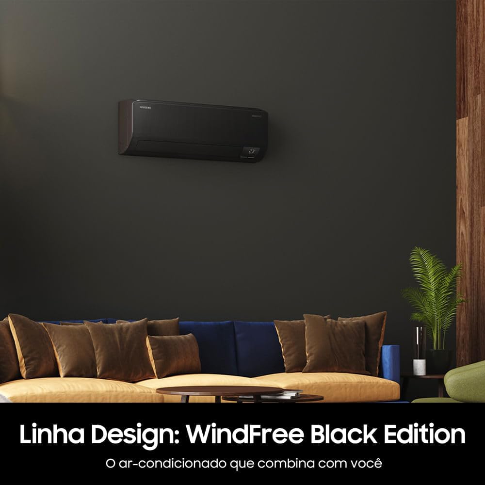 Ambiente decorado com ar-condicionado Samsung WindFree Black Edition preto instalado