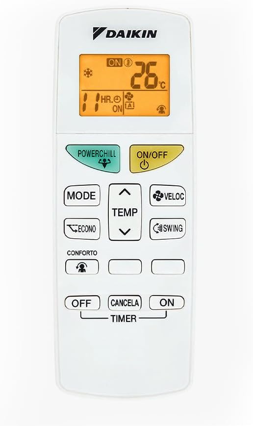 Controle remoto branco do Ar Condicionado Daikin com display iluminado e múltiplos botões de controle