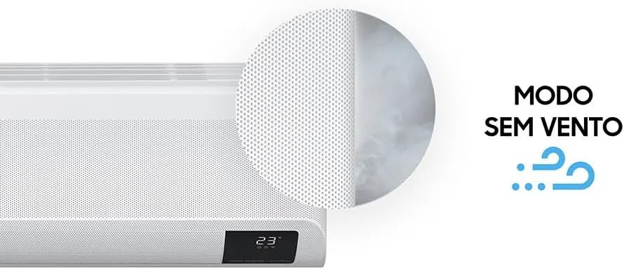 Unidade interna do ar-condicionado Samsung mostrando modo sem vento com ícone azul e display digital, fundo branco