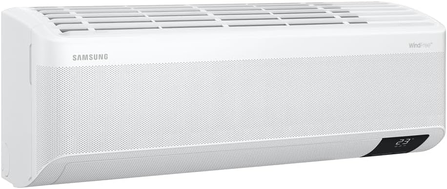 Unidade interna branca do ar-condicionado Samsung WindFree Pro Energy 9000 BTUs com visor digital.