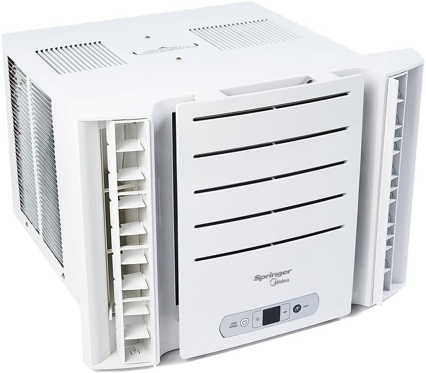 Ar condicionado janela branco Springer Midea 10000 BTU visão lateral e frontal.