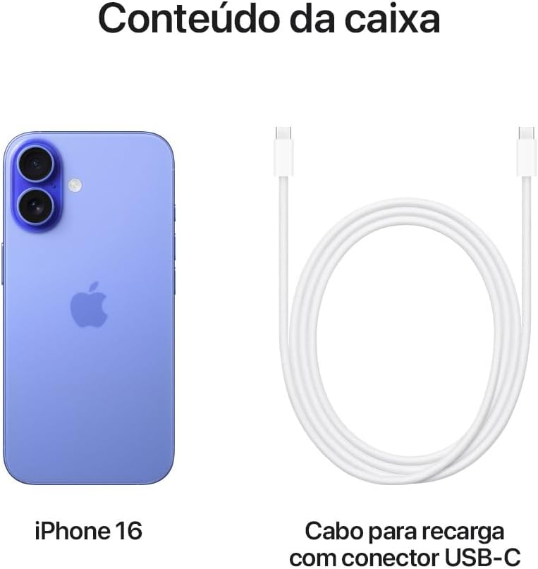Conteúdo da caixa do iPhone 16 ultramarino: aparelho e cabo USB-C