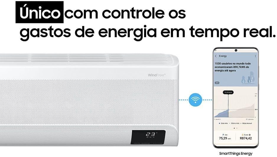 Ar-condicionado Samsung com controle de gastos de energia em tempo real pelo aplicativo SmartThings Energy