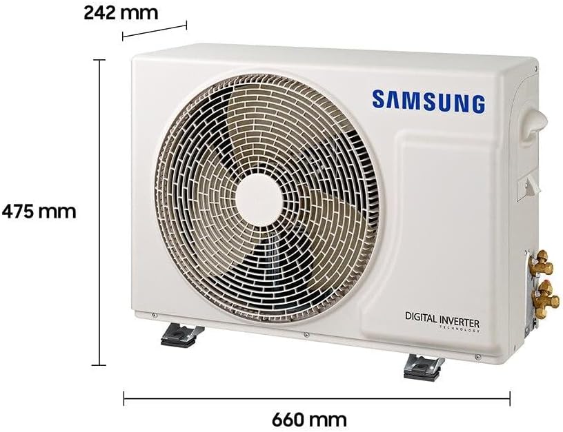 Dimensões da unidade externa do ar condicionado Split Samsung, mostrando design e tecnologia Digital Inverter.