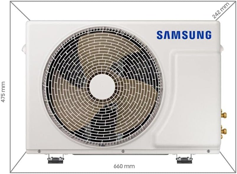 Unidade externa do ar-condicionado Samsung com dimensões 660x475x242 mm visíveis.