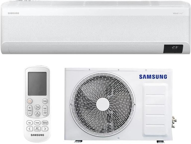 Ar condicionado split Samsung Windfree Connect 22000 BTUs com controle remoto e unidade externa.