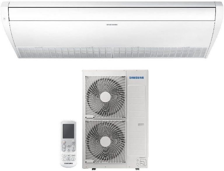 Ar Condicionado Split Cassete Inverter Samsung 54000 BTU/h com unidade interna, externa e controle remoto branco.