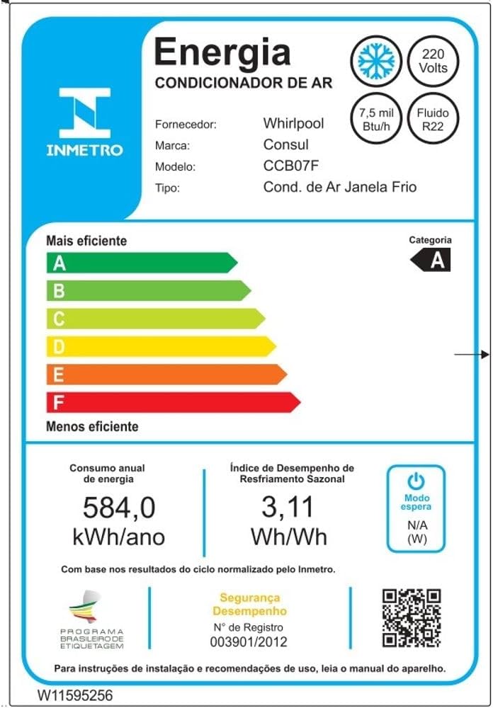 Etiqueta de eficiência energética Inmetro para ar condicionado Consul 7500 BTUs classe A