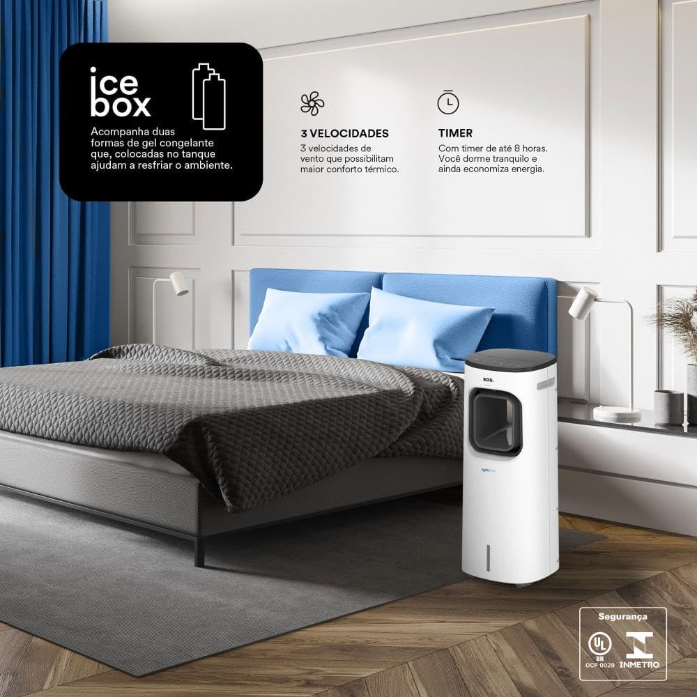 Climatizador EOS Arctic Fresh ao lado de cama em quarto moderno, com funções de gelo, velocidades e timer.