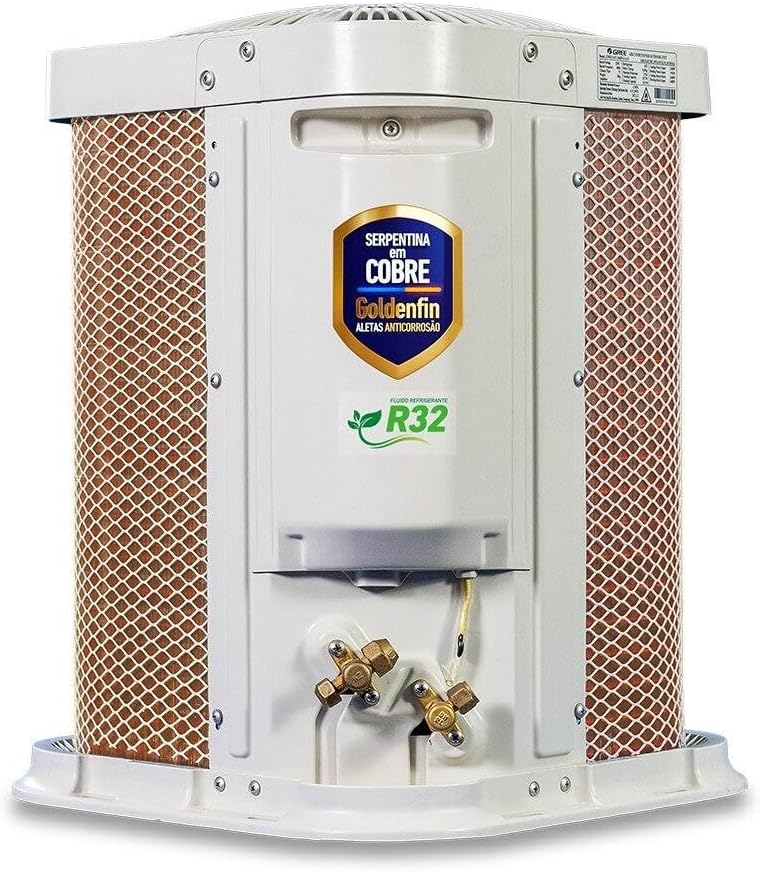 Unidade externa do ar-condicionado Split Gree com serpentina de cobre Goldenfin e selo R32.