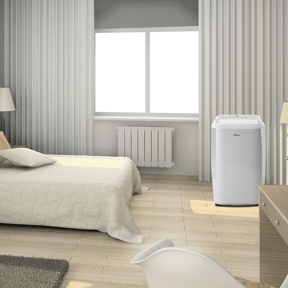 Ar Condicionado Portátil Philco 12000 Btus no quarto ambiente decorado com piso de madeira