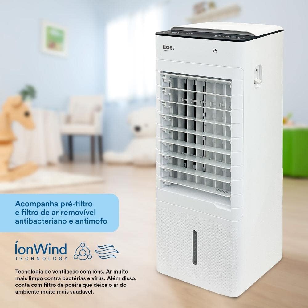 Climatizador de ar EOS 7 litros branco com persianas abertas e descrição da tecnologia IonWind