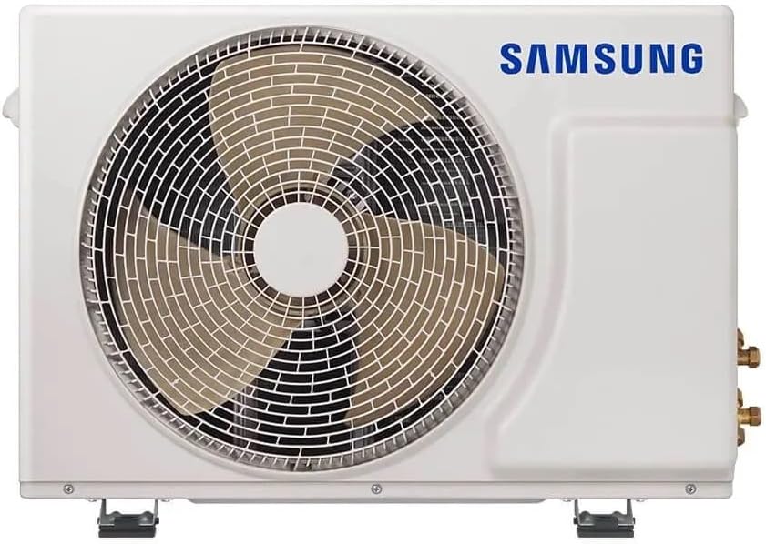 Unidade externa ar-condicionado Samsung branca com ventilador circular e logo Samsung azul