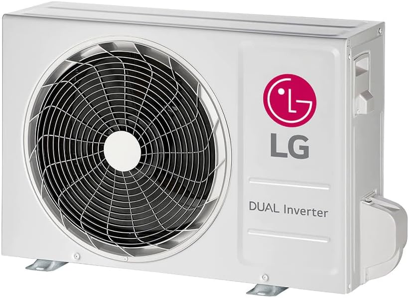 Unidade externa lateral do ar condicionado LG branca com ventilador e logo LG rosa.