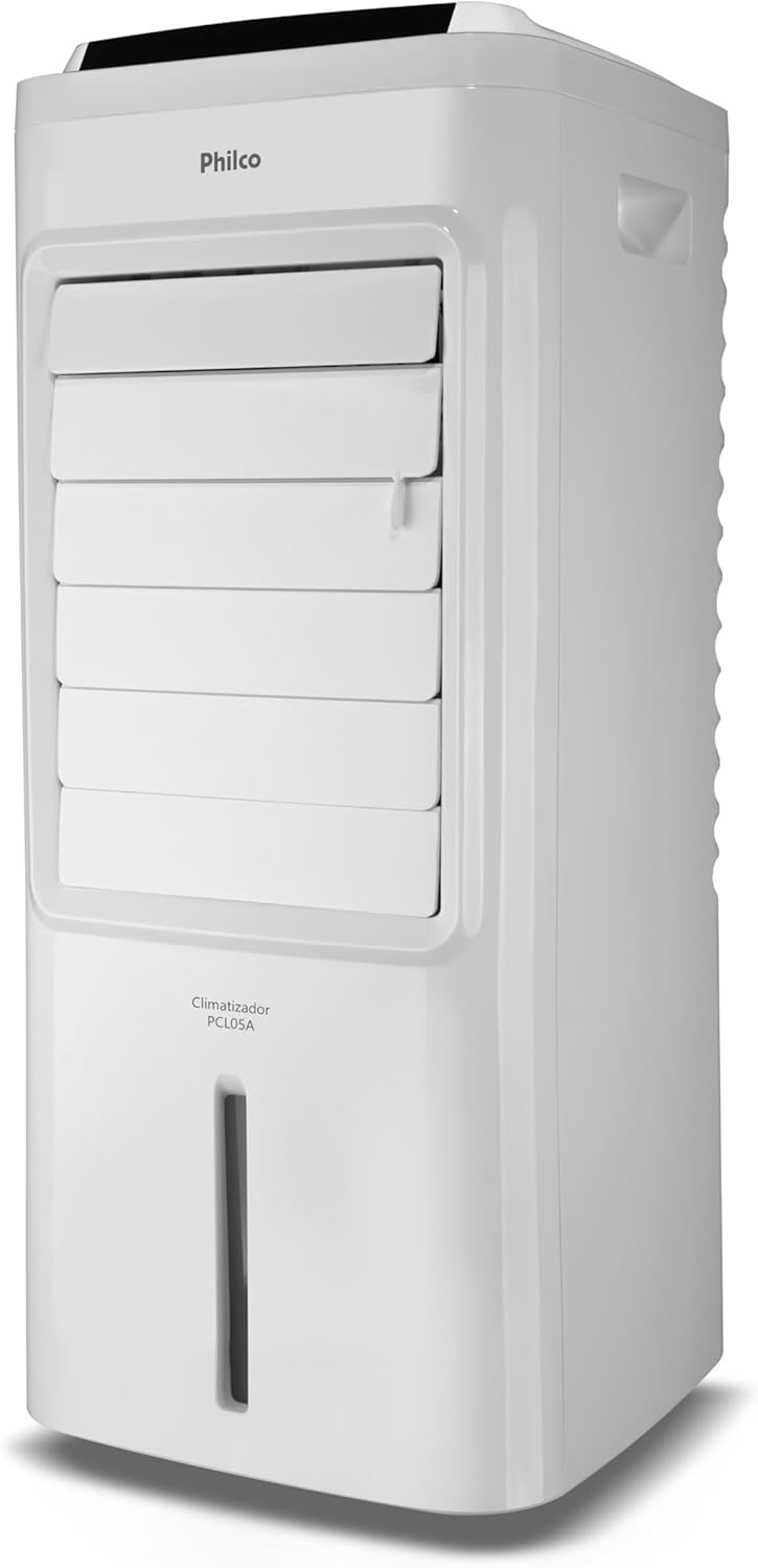 Climatizador Philco 4 em 1 PCL05A vista lateral branco com abas fechadas