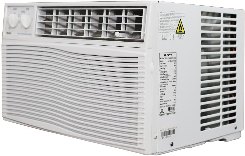 Ar Condicionado Janela Gree 10000 BTU/h Frio R32 vista lateral direita com etiqueta técnica e controle mecânico