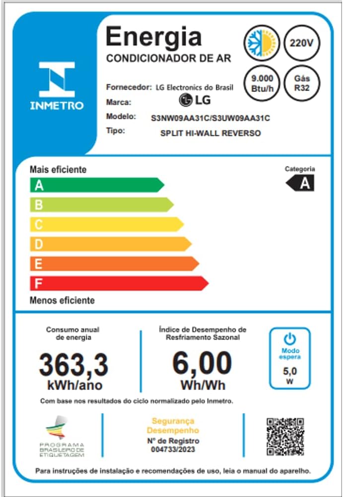 Etiqueta INMETRO de eficiência energética do ar condicionado LG Dual Inverter Voice 9.000 Btus