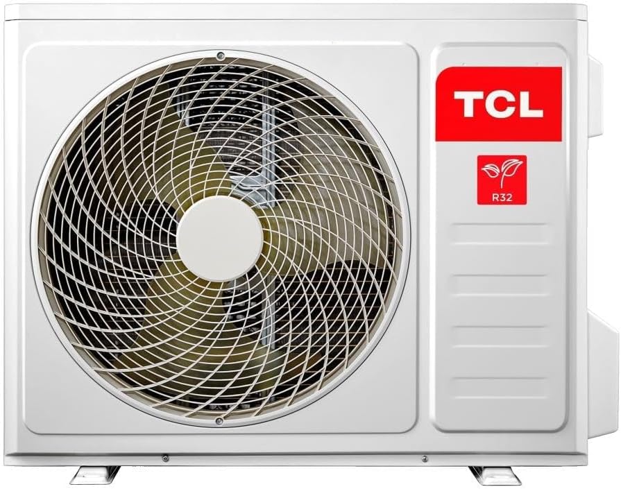 Unidade externa do ar-condicionado split TCL HW Inverter 18.000 BTUs R-32 com logo TCL e símbolo ecológico
