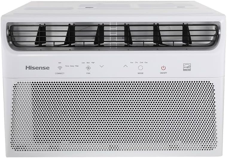 Ar Condicionado Janela Hisense branco com painel digital e grelha preta frontal