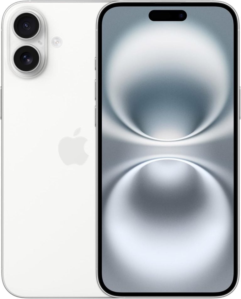 Apple iPhone 16 Plus branco 512 GB vista frontal e traseira com tela ligada e câmeras duplas