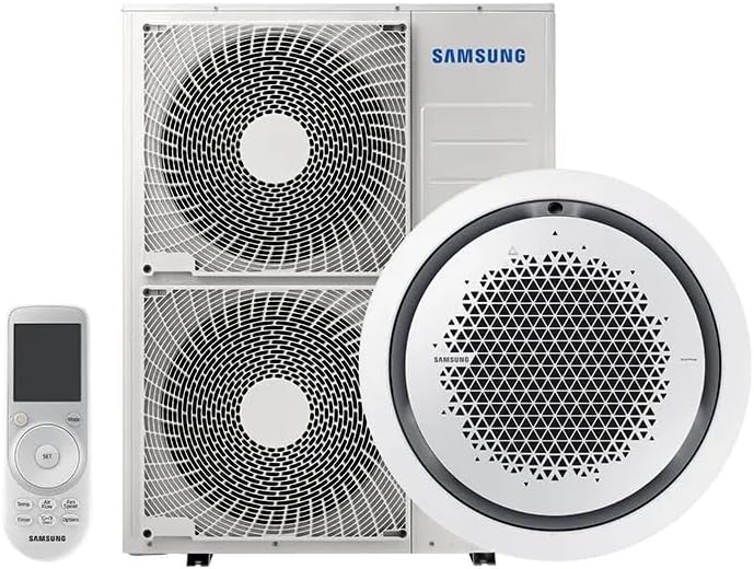 Ar condicionado Samsung Inverter Cassete 360 WindFree com controle remoto, unidade interna e externa visíveis.